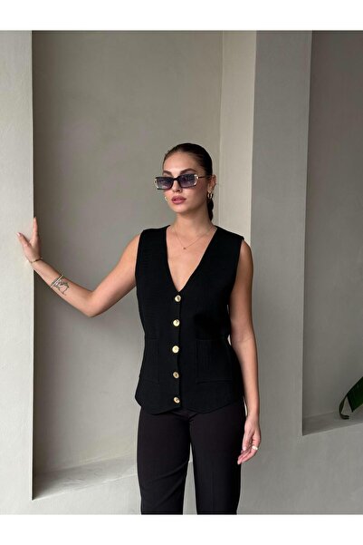 Laluvia Black Cherry Gold Buttoned Vest