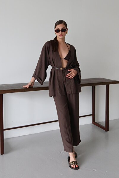 Laluvia Brown Belted Classic Suit