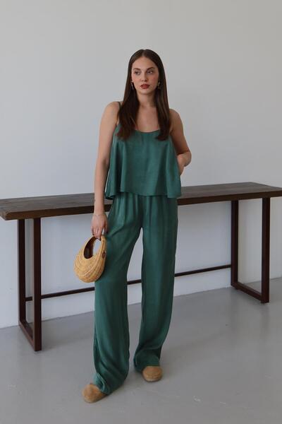 Laluvia Emerald Satin Look Strap Blouse Pants Set