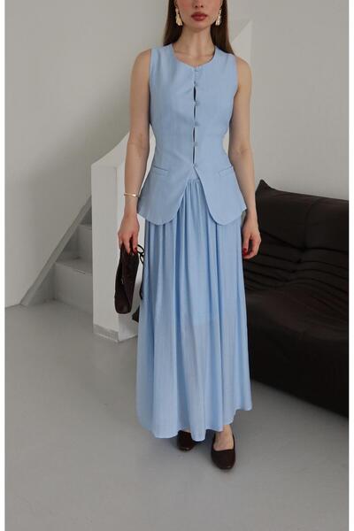 Laluvia Blue Vest with Elastic Waist Skirt Set