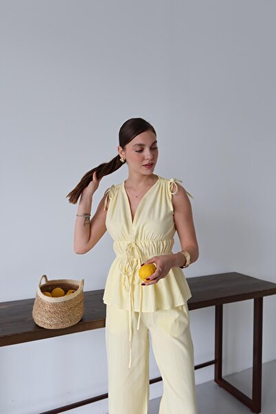 Laluvia Yellow 100% Cotton Shoulder Waist Gathered Blouse Pants Set