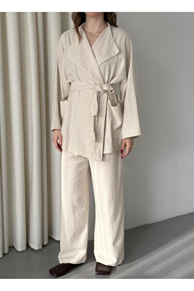 Laluvia Natural Romina Raw Linen Jacket Pants Set