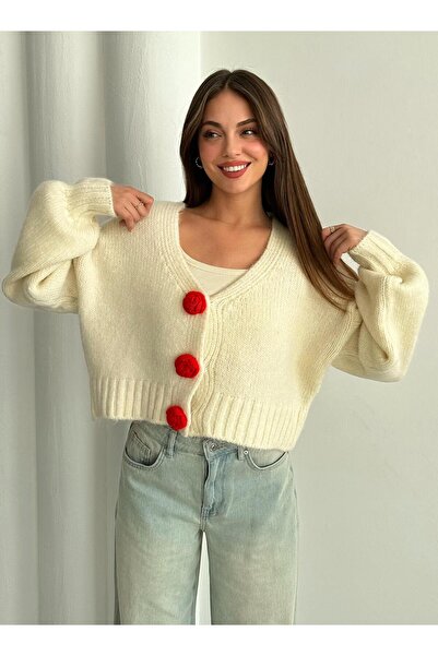 Laluvia Creme-Rot Gefärbte Strickjacke mit Blumenmuster und Knöpfen