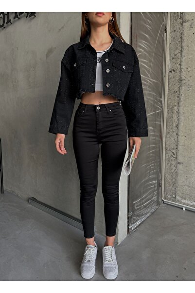 Laluvia Czarne spodnie jeansowe z wysokim stanem i obcisłymi nogawkami z lycry