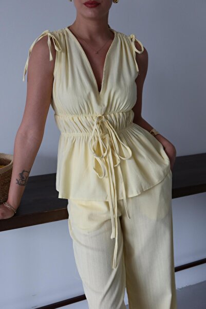 Laluvia Yellow 100% Cotton Shoulder Waist Gathered Blouse Pants Set