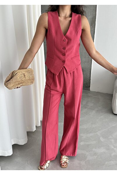 Laluvia Cherry 100% Cotton Lavin Linen Vest Pants Set