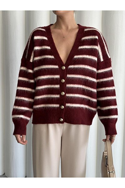 Laluvia Burgundy-Ecru Soft Horizontal Striped Cardigan