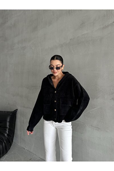 Laluvia Black Pulpy Hooded Buttoned Cardigan with Pockets