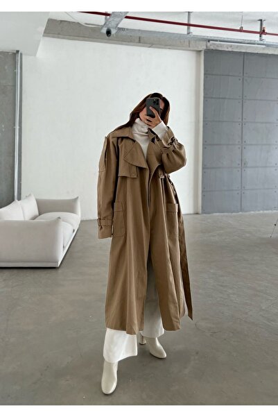 Laluvia Dark Beige Double Breasted Collar Snap Button Detailed Belted Lined Gabardine Trench Coat