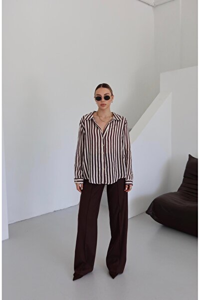 Laluvia Καφέ παντελόνι από πολυβισκόνη με ελαστική μέση και μπροστινή ραφή