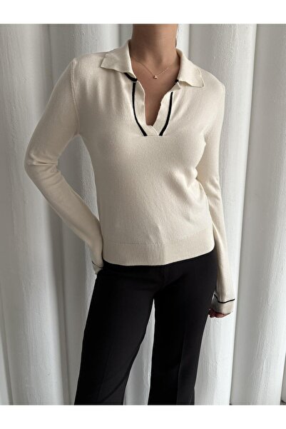 Laluvia Κρεμ μακρυμάνικη μπλούζα πλεκτό με λαιμόκοψη πόλο