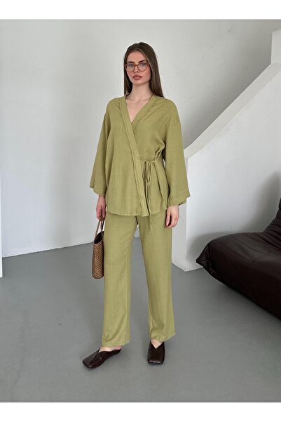 Laluvia Khaki részletesen kidolgozott, oldalt megkötős vászon szövet kimonó szett