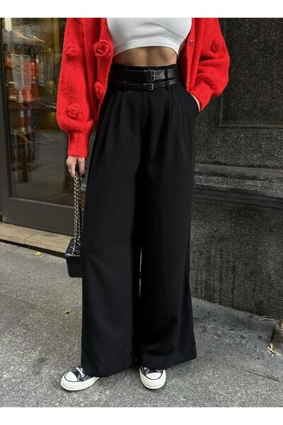 Laluvia Black Grace Belted Wide Leg Trousers