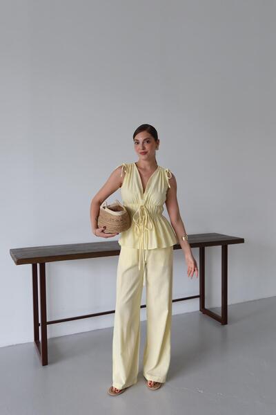 Laluvia Yellow 100% Cotton Shoulder Waist Gathered Blouse Pants Set