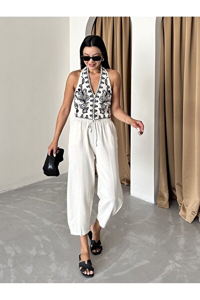 Laluvia Taş Rengi Keten Şalvar Pantolon