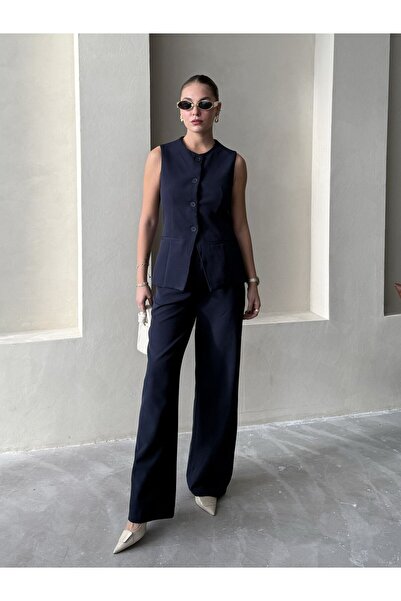 Laluvia Темно-синій класичний жилет з ґудзиками Camille - 8449