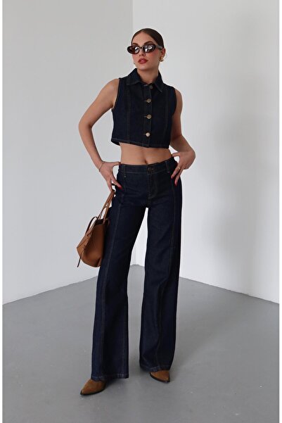 Laluvia Sötétkék galléros mellény, csíkos nadrág farmer szett