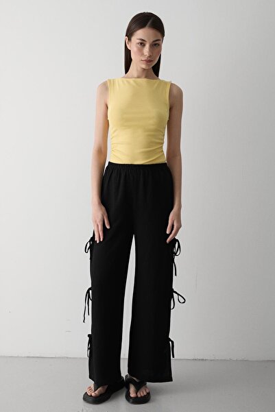 Laluvia Black 100% Cotton Pants with Side Slits and Tie Detail