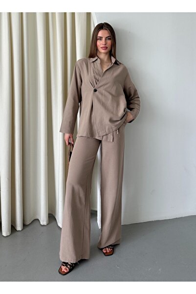Laluvia Natural 100% Cotton Double Breasted Closure Single Button Kimono Trouser Suit - 8351
