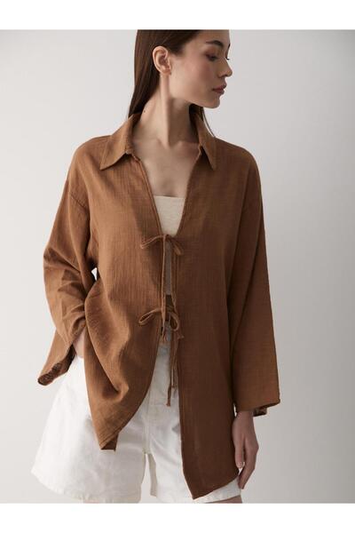 Laluvia Hnědá kimono halenka ze 100% bavlněného lnu s krajkovým detailem