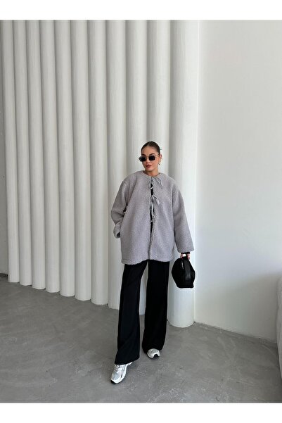 Laluvia Šedá bunda Teddy se zavazováním vpředu