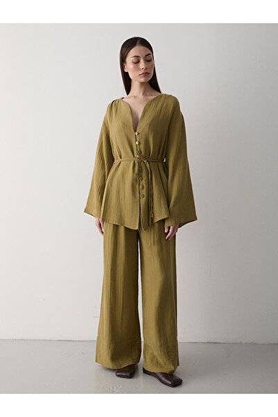 Laluvia Khaki többgombos 100% pamut ing nadrág szett