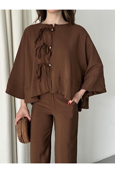 Laluvia Brown Batwing Sleeve Lace-Up Button Detailed Suit