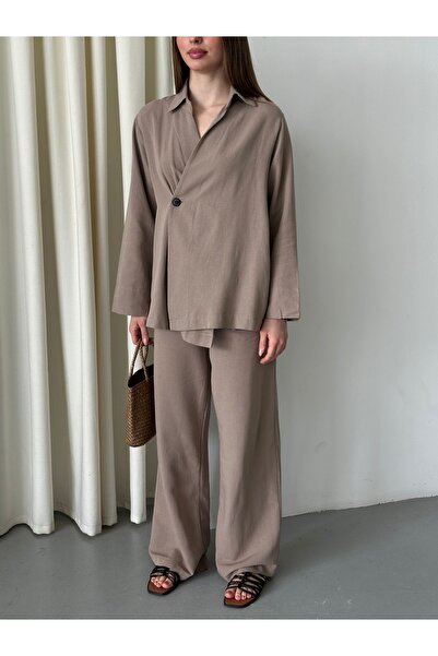 Laluvia Natural 100% Cotton Double Breasted Closure Single Button Kimono Trouser Suit - 8351