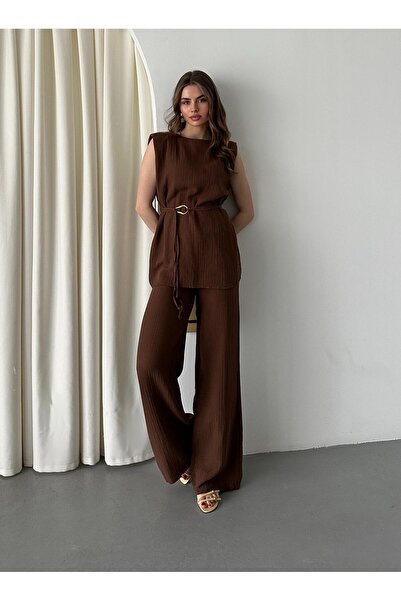 Laluvia Brown Accessory Detailed Double Set