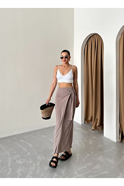 Laluvia Detailní sukně s bočním vázáním v barvě kamene