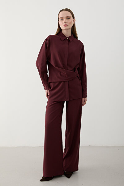 Laluvia Bordo Gold Accessory Buttoned Shirt Trouser Set - 8856