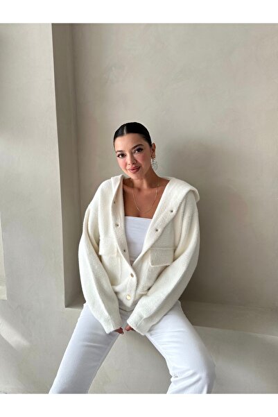 Laluvia Ecru Pulpy Hooded Pocket Buttoned Cardigan-Th 241008