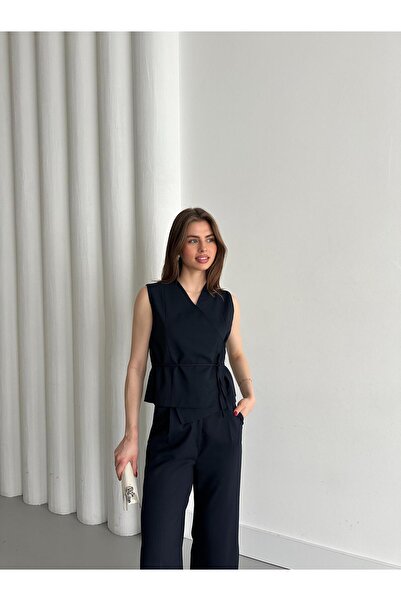 Laluvia Navy Blue Double Breasted Collar Vest Pants Set