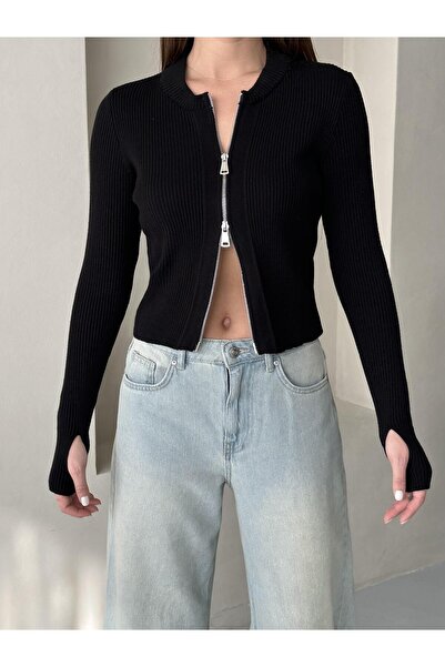 Laluvia Černý nastavitelný kardigan s dvojitým zipem a ručním prošíváním