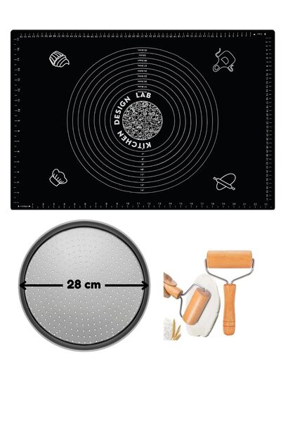 Atlas Mutfak Siyah Silikon Hamur Açma Matı 45 X 65 Cm, 28 Cm Pizza Tepsisi Ve...
