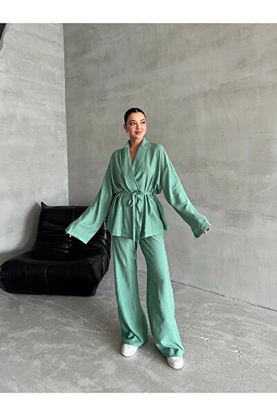 Laluvia Zöld kendőgalléros kimonó nadrág szett