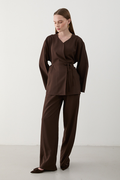 Laluvia Brown Drawstring Kimono Set - 8864