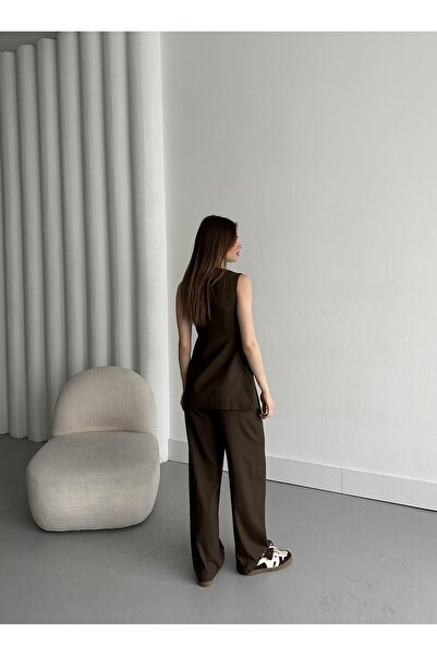 Laluvia Brown Double Breasted Collar Vest Pants Set