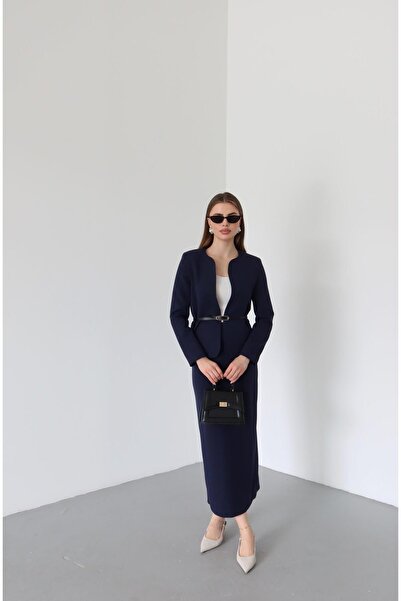Laluvia Navy Blue Elvira Pencil Skirt Jacket Set
