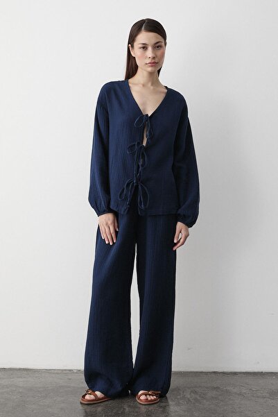 Laluvia Navy Blue 100% Cotton Tie-Up Blouse Pants Set