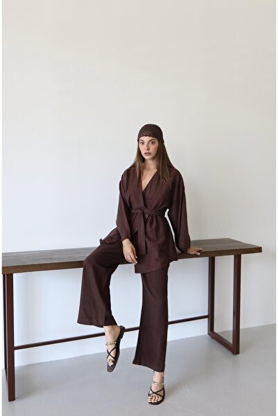 Laluvia Barna pamut kimonó széles szárú nadrág szett