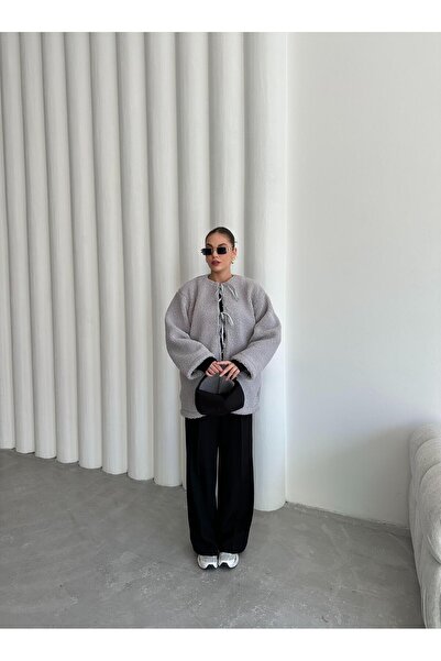 Laluvia Gray Front-Tie Teddy Jacket