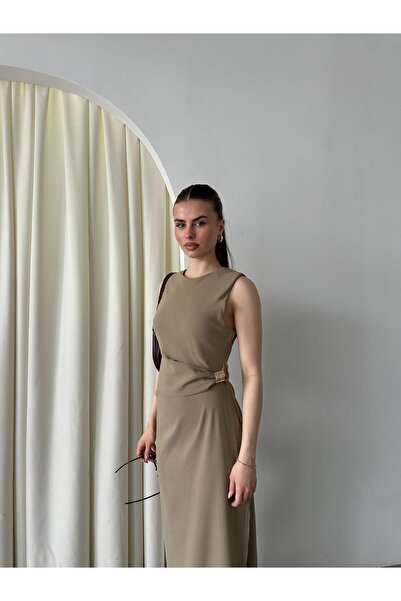 Laluvia Koyu Vizon Gold Tokalı Elbise