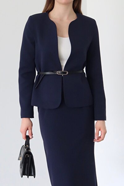 Laluvia Navy Blue Elvira Pencil Skirt Jacket Set