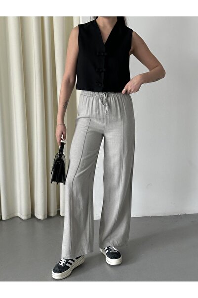 Laluvia Gray 100% Linen Palazzo Pants