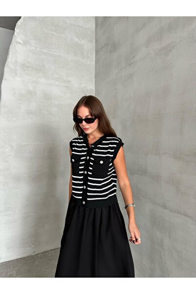 Laluvia Black Striped Silver Button Pocket Knitwear Vest
