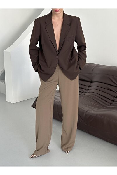 Laluvia Haki Gold Düğmeli Beli Lastikli Palazzo Pantolon