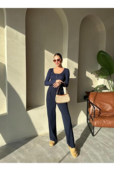 Laluvia Navy Blue Buttoned Long T-Shirt