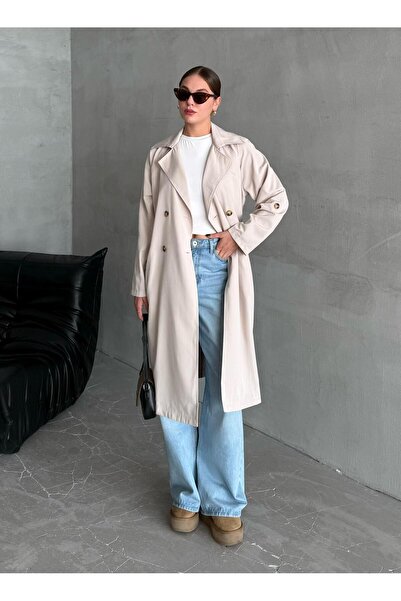 Laluvia Trench lung, fără căptușeală, cu drapaj crem