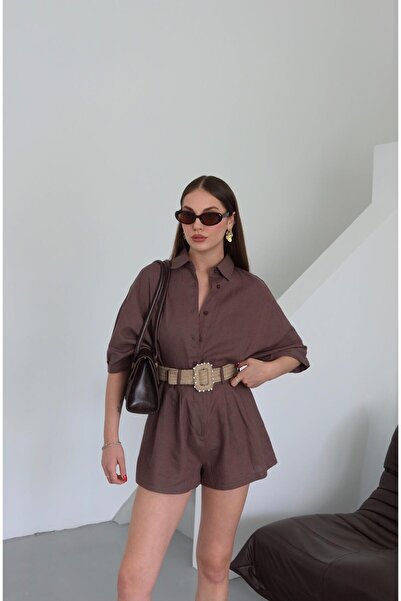 Laluvia Brown Straw Belted Shirt Shorts Set